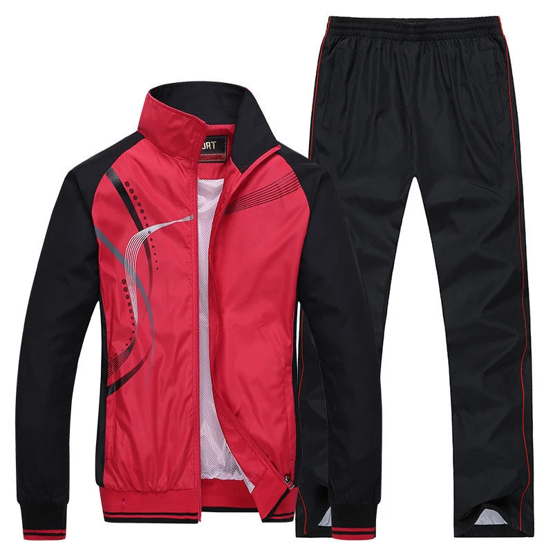 Men Sportswear New Spring Autumn Tracksuit 2 Piece Sets Sports Suit Jacket+Pant Sweatsuit Male Fashion Print Clothing Size L-5XL Red