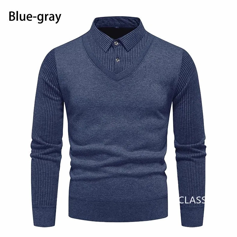 Men Twinset Sweaters Outwear Casual Pullovers Shirts Good Quality Male Winter Warm Fake Two Pieces Sweaters Sweatercoats 4XL