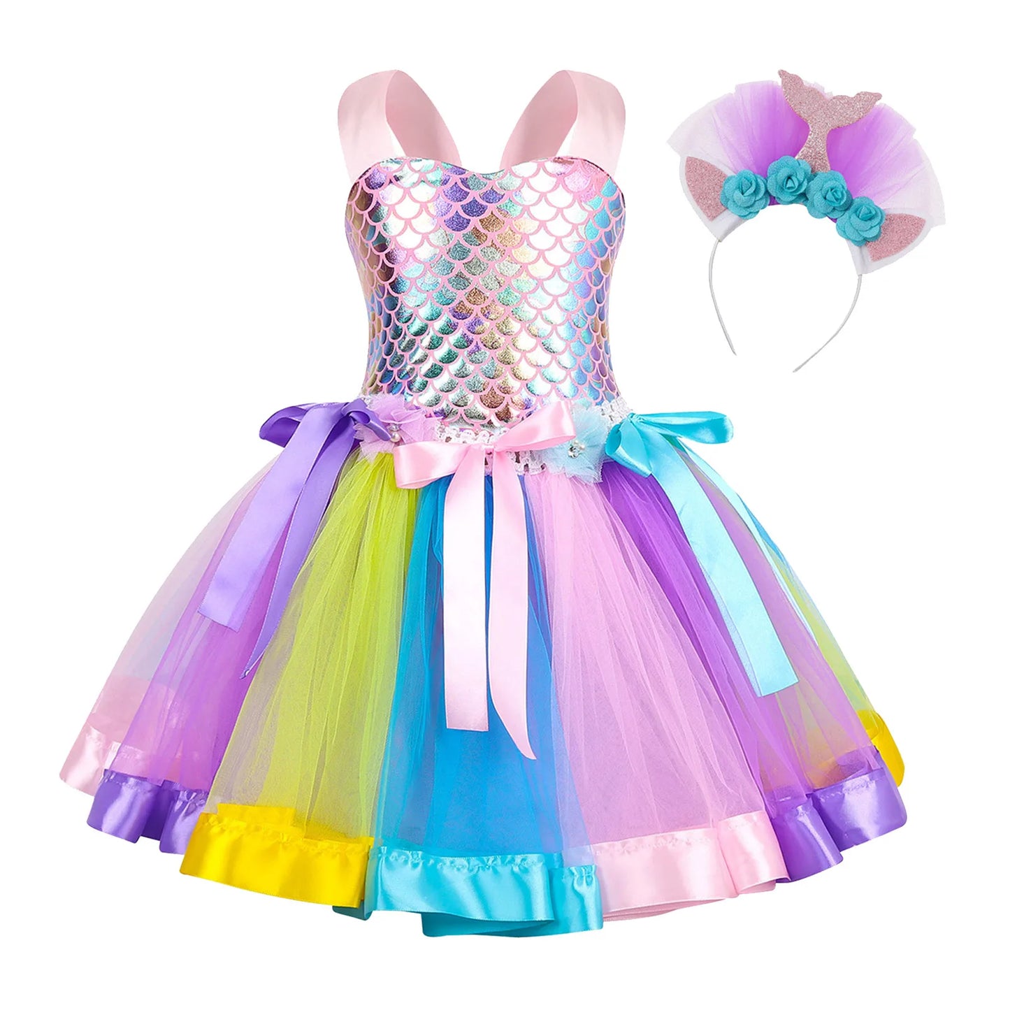 Kids Girls Cosplay Party Dress Princess Dress Up Mermaid Tulle Tutu Dresses Theme Birthday Party Costume with Flower Headband