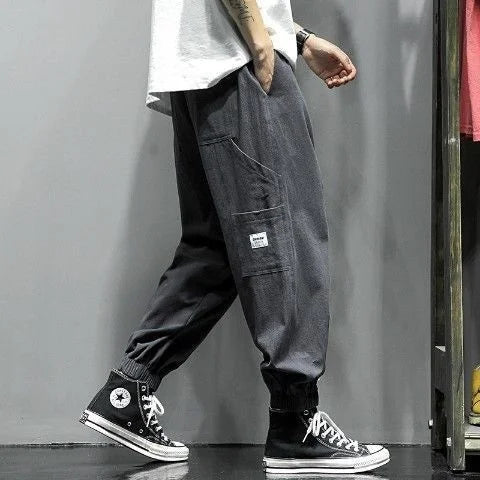 New Korean Fashion Men's Wide Leg Linen Loose Nine Point Cargo Pants Men Clothing Techwear Sweatpants Trousers Streetwear 736 Dark Grey