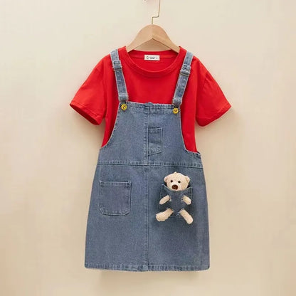 2-8T Summer Sundress Sets Baby Girls Suspender Skirt Girls Dress Kids Straps Denim Dress Children Bear Cartoon Clothing Overalls