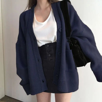 2024 Autumn Women's Sweater Fashion V-neck Vintage Knitted Cardigan Korean Loose Solid Sweaters Female