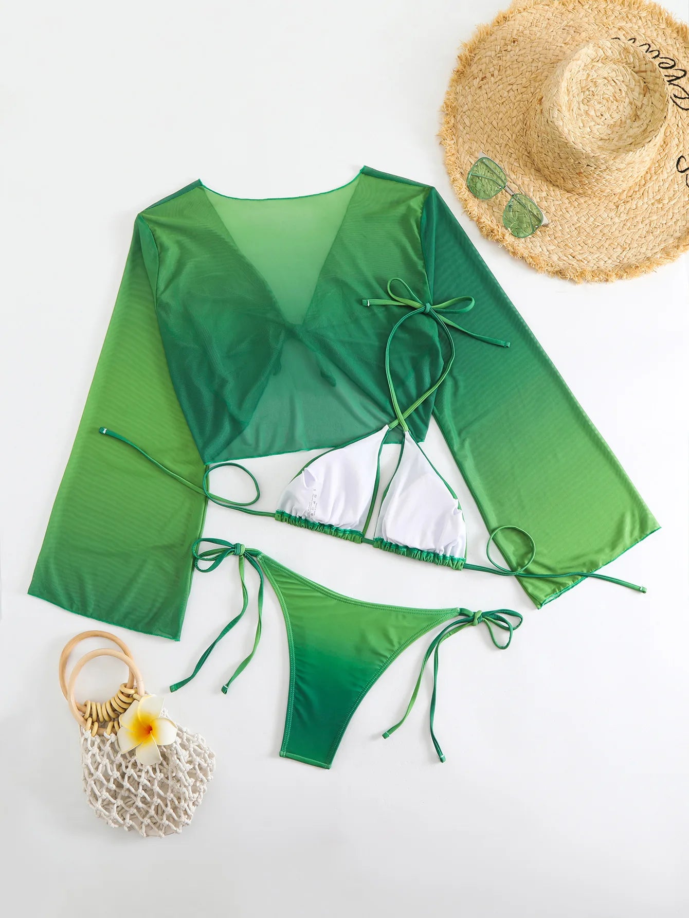 Girls 3pack Thong Bikini with Long Sleeve Cover Ups Kids Swimsuit 7-12 Years Children's Swimwear 2024 Teens Bathing Suit Green