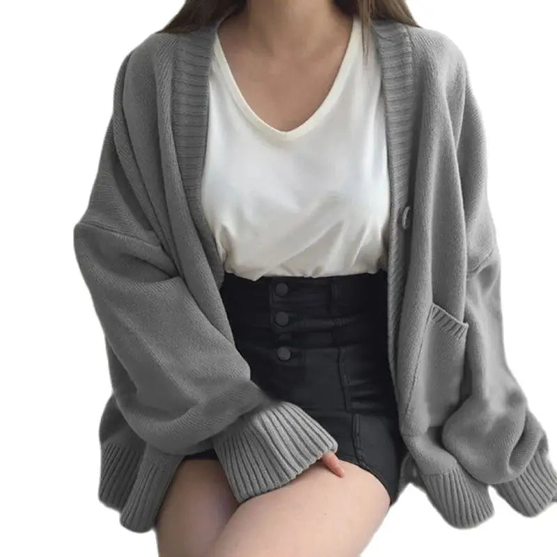 2024 Autumn Women's Sweater Fashion V-neck Vintage Knitted Cardigan Korean Loose Solid Sweaters Female