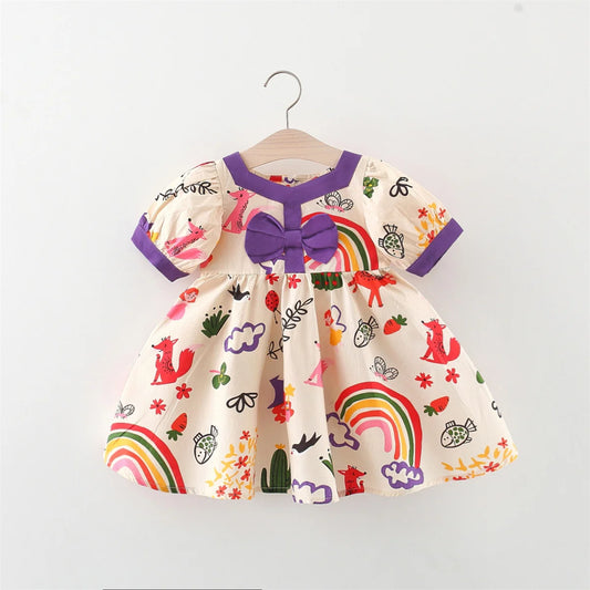 0-3 Year Old Girl'S Dress, Summer Cartoon Rainbow Animal Print Bow Decoration, Short Sleeved Loose Fitting Skirt