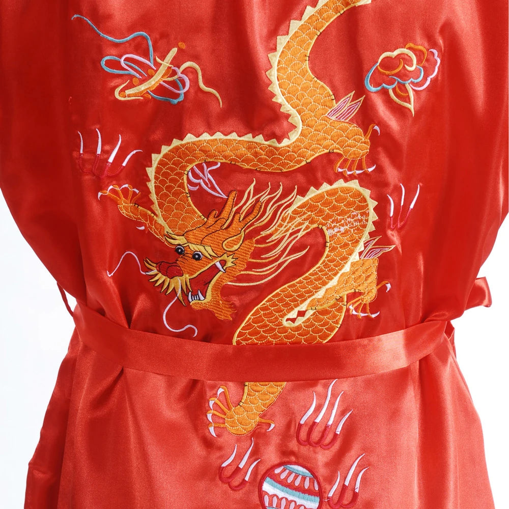 Men's Satin Robes Chinese Style Dragon Embroidery Kimono Silk-like Bathrobe Pajamas Sleepwear Gown Bath Robe