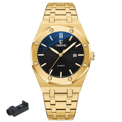 Top Brand Men Golden Watches Royal 3ATM Waterproof Stainless Fashion Business Steel Men's Quartz Wristwatch Calendar Gift Clock Gold Black