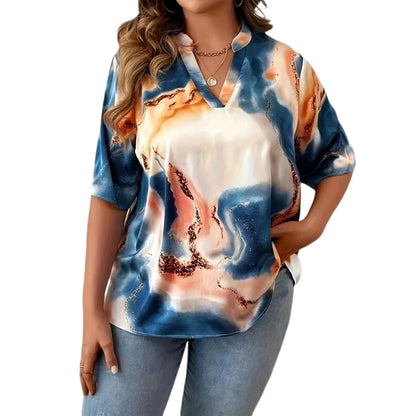 Latest Popular Plus Size Women's Tie Dye V-neck Short Sleeved Shirt Women's Casual Fashion Top Shirt Comfortable