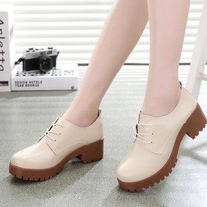 Spring\winter British Style Split Leather Women Square Heel Flat Platform Shoes Woman Lace-up Oxford Shoes for Women Beige