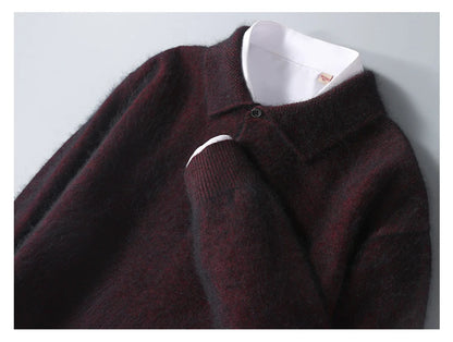 Men's Shirt 100% Mink Cashmere Sweater Casual Business POLO Collar Pullover Autumn Winter Warm Knit Base Shirt Men's Clothing