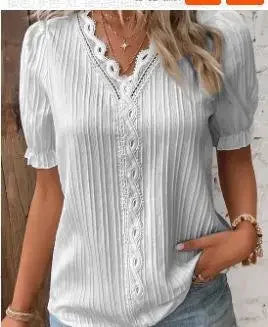 2024 Summer New Women's Blouse Top Solid Sexy V-Neck Hollow Short Sleeve Fashion Splice Plus Size Loose Street Apparel Shirt Light Grey