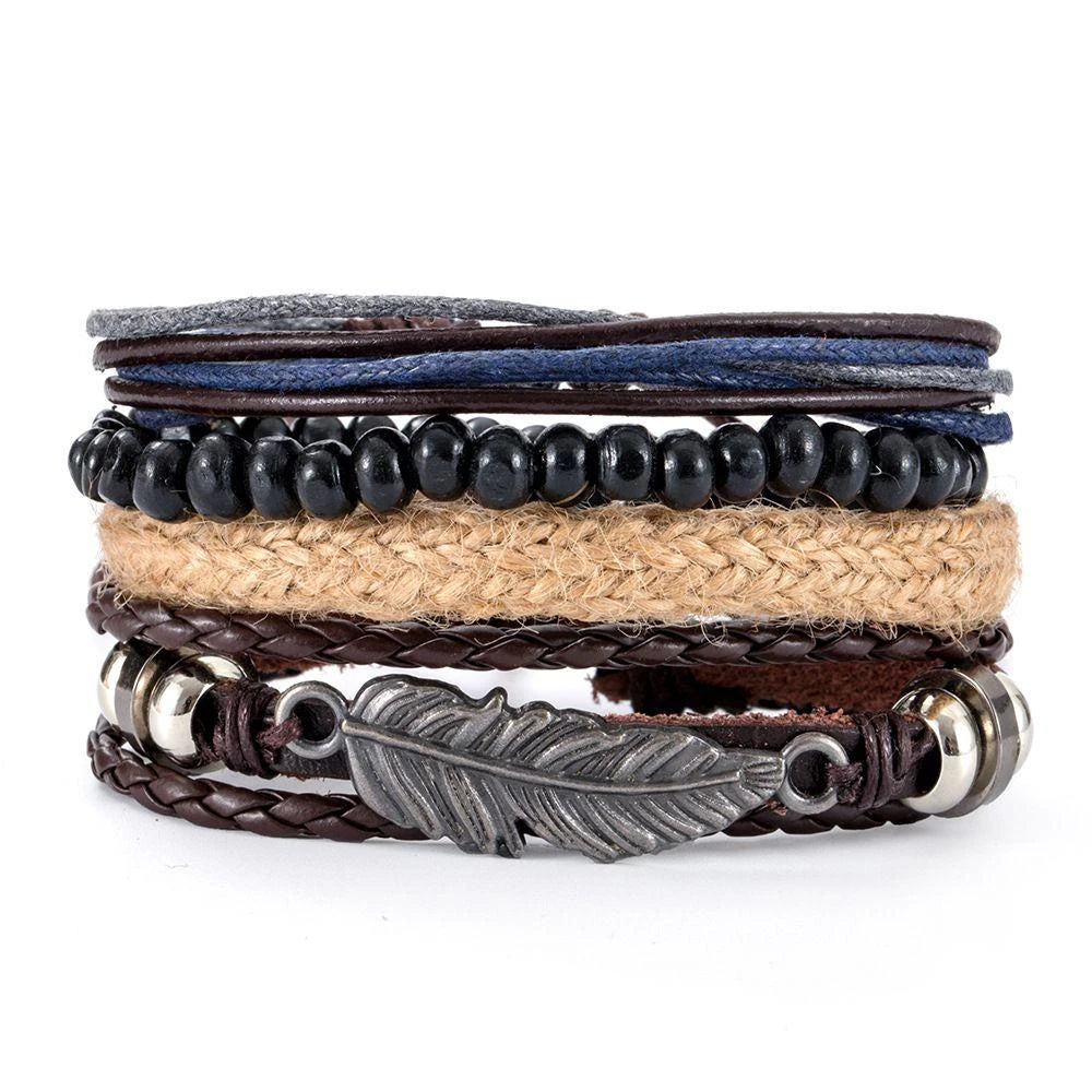 4Pcs/ Set Braided Wrap Leather Bracelets For Men Vintage Life Tree Rudder Charm Wood Beads Ethnic Tribal Wristbands 23