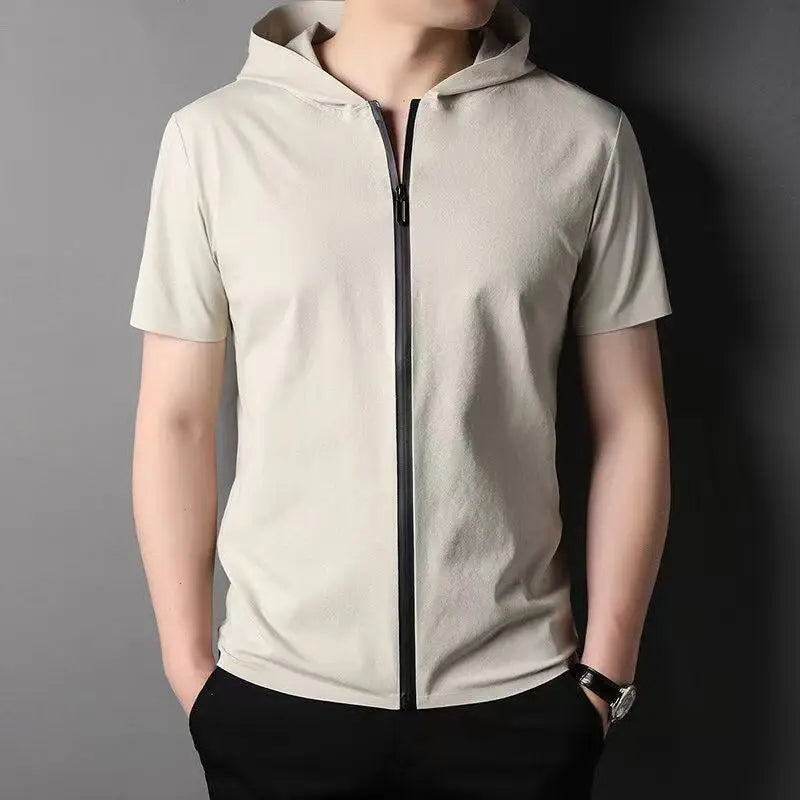 Cute 2023 Men Summer Trend Stand Collar Zipper Cardigan Shirts Solid Short Sleeve Comfortable Business Casual Top Ropa Hombre Camisas Creamy White Hooded