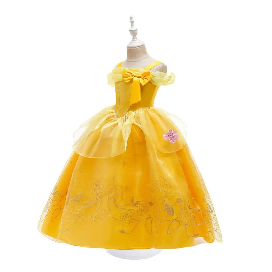 Girls Dress Belle Costume Kids Halloween Carvinal Fancy Cosplay Belle Clothes Children Wedding Party Flower Printing Dress 3-10Y