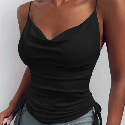 Women's Tank Top Suspender Solid Color Deep V-neck Tight-fitting Drawcord Design Summer Suspender black