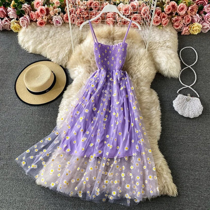 YuooMuoo Chic Fashion Fairy Daisy Flower Print Summer Dress Women Slim Elastic Two Layers Straps Long Party Dress Beach Sundress