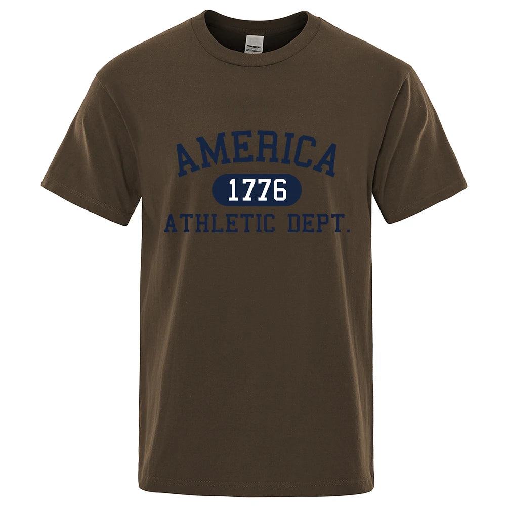 America 1776 Athletic Dept Letter Tshirt Man Fashion Tee Clothes Summer Luxury T-Shirt Hip Hop Breathable Cotton Tee Clothes Brown