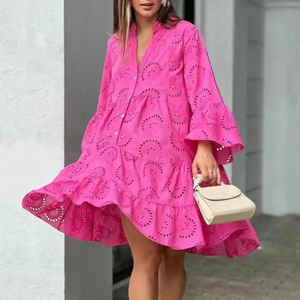 Women's Summer Vintage Lace Dress Loose Elegant Lady Style Dress Stand Collar Puff Sleeve Dress Stylish A-line Dress Lady Supply