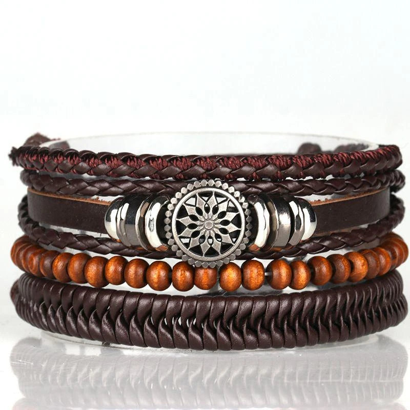 4Pcs/ Set Braided Wrap Leather Bracelets For Men Vintage Life Tree Rudder Charm Wood Beads Ethnic Tribal Wristbands 03