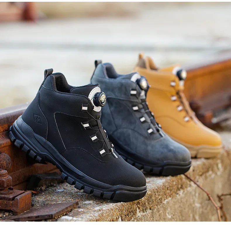 Black Leather Winter Fashion 2023 Rotating Buttons Safety Shoes Men Waterproof Work Boots Men Anti-puncture Protective Footwear