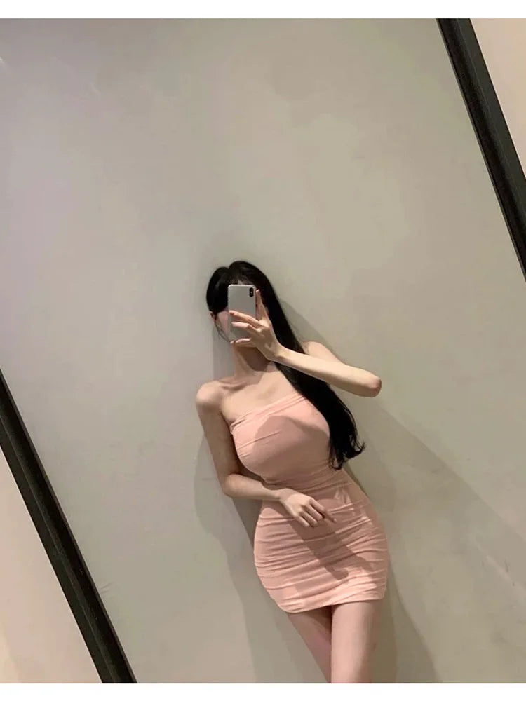 Korean Style Temperament Girl Chest Wrapping Slim Fit Sexy Off Shoulder One Line Neckline Mesh Pleated Wrapped Hip Dresses NXCQ