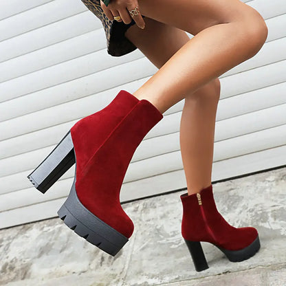 Faux Suede Round Toe High Top Mature Ladies Ankle Boots Platform Block High Heels Zip Up Burgundy Brown Warm Winter Women Shoes