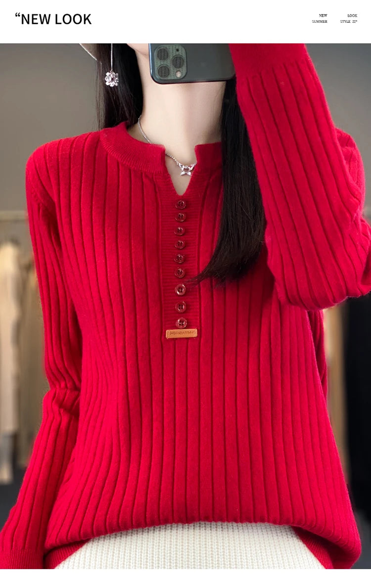 Women's Sweater Autumn/Winter New Solid Color Knitwear V-Neck Pullover Ladies Clothes Fashion Blouse Korean Style Loose Tops