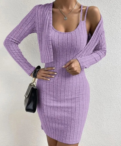 Fashion Women Slim Mini Dress 2 Piece Sets Autumn Ribbed Double Strap Bodycon Sleeveless Vest Dress  Long Sleeve Cardigan Set