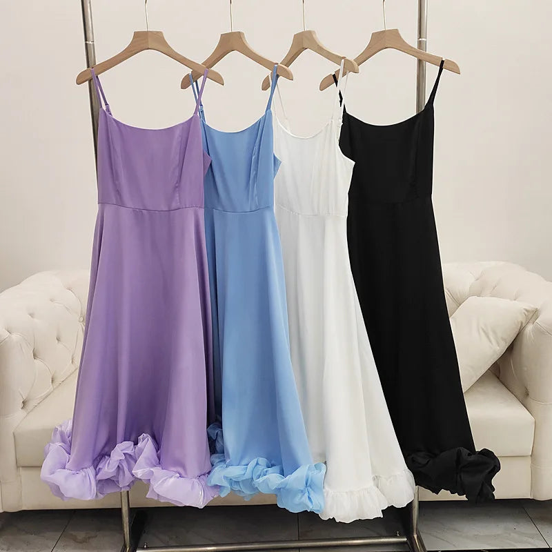 Elegant Ruffle Solid Sling Long Dress Women Strap Waist Party Dresses Fashion Sleeveless Backless Beach Swing skirt A-line tutu