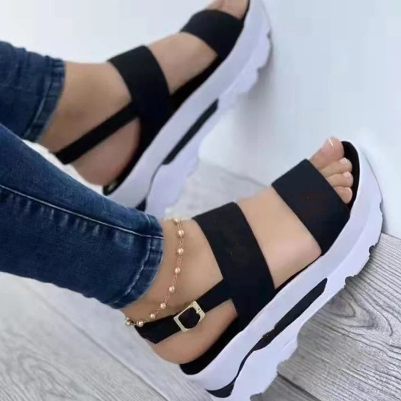 Women Shoes Spring Summer Sandals Peep Toe Shoes For Women Retro Women's Shoes Lightweight Sandals Platform Solid Color Footwear black