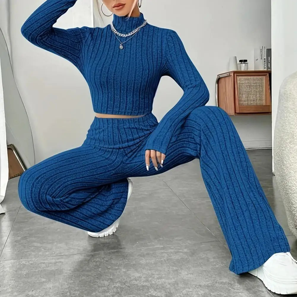 Slim Fit Women Suit Women Knitted Suit Elegant Knitted Winter Outfit Turtleneck Cropped Top High Waist Flared Pants Women's Slim