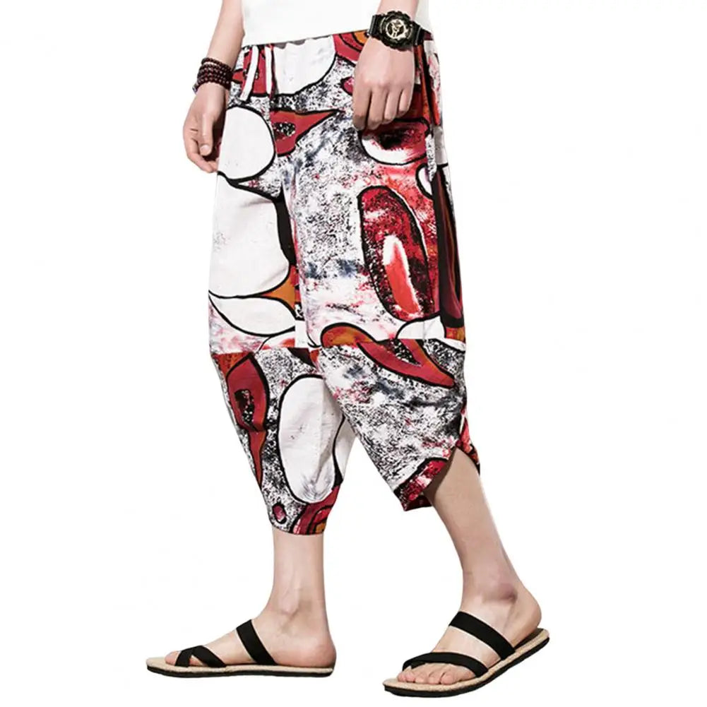 Harajuku Summer Loose Calf Length Casual Pants Men Wide Leg Cotton Linen Printing Baggy Pants Oversize Men's Trousers Red CHINA