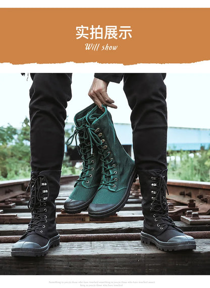 Mid-calf Men Canvas Boots Lace Up Tactical Men Shoes High top Sneakers Military Boots Work Shoes Jungle Mountaineering Shoes Men