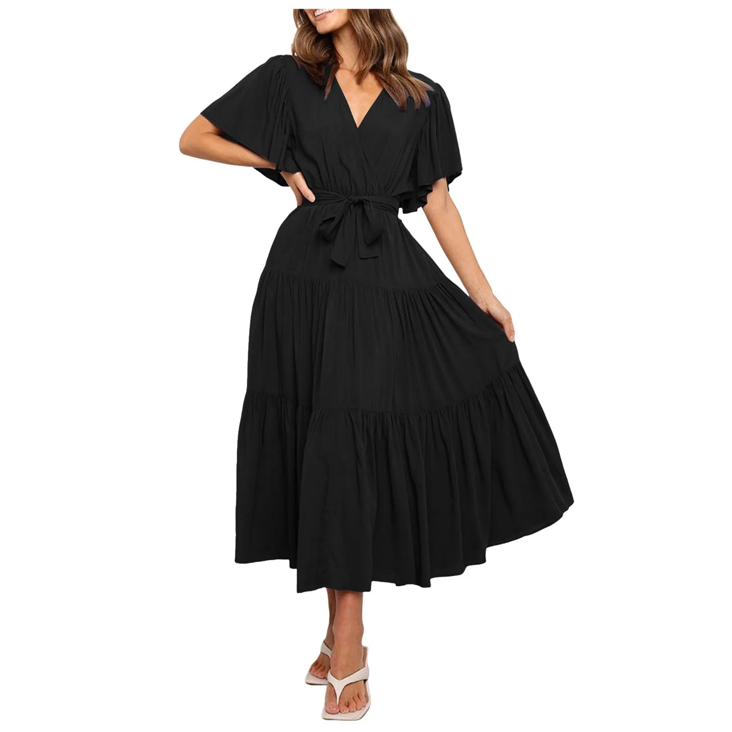 Women Chiffon Dress 2024 Summer Lace-Up Butterfly Sleeve Casual Ruffle V-Neck Fashion Party Vestidos Sexy Bohemian Robe Femme