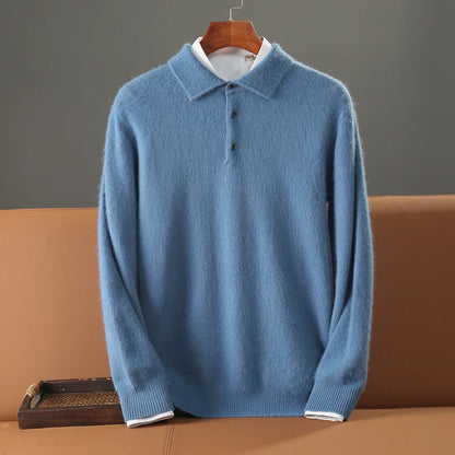 Men's Shirt 100% Mink Cashmere Sweater Casual Business POLO Collar Pullover Autumn Winter Warm Knit Base Shirt Men's Clothing