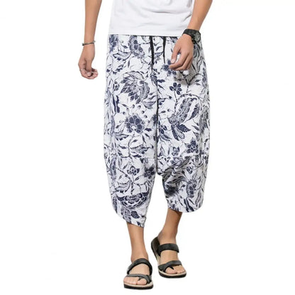 Harajuku Summer Loose Calf Length Casual Pants Men Wide Leg Cotton Linen Printing Baggy Pants Oversize Men's Trousers WHITE CHINA