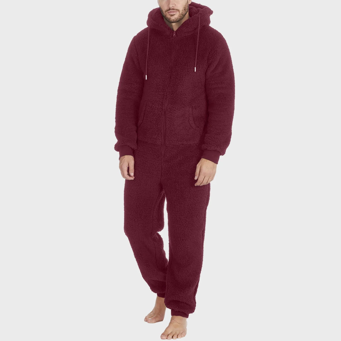 Winter Men Artificial Wool Jumpsuit Pajamas Fleece Warm Men Drawstring Bodysuit Sleepwear Solid Color Zipper Loose Hooded