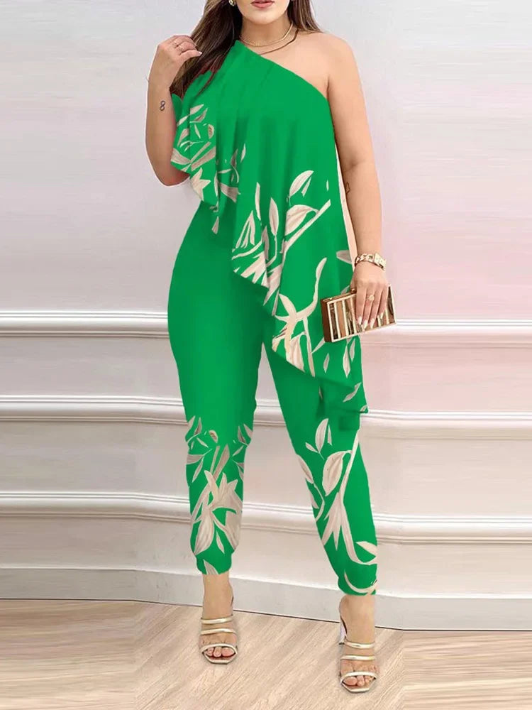 Sexy One Shoulder Jumpsuits Woman 2023 Summer New Fashion Asymmetrical Ruffles Plain Sleeveless Print Long Jumpsuit Clothing Green