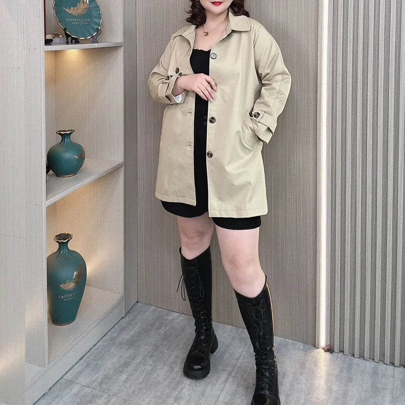 Women's Washed Cotton Trench Coat, Single Breasted, Medium Long, British Wind Outerwear, Loose, Plus Size, Autumn, New, 2311