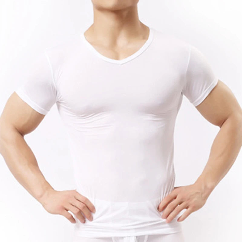 Super thin Muscle men's cool summer casual fitness v-neck short t-shirts modal cotton obesity man t-shirt white