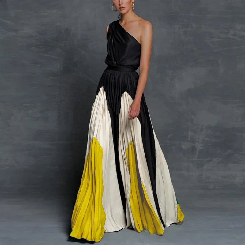 Party Dress Lady Chic Sleeveless Pleated Long Dress Elegant High Waist Evening Maxi Dress Women Fashion Gradient Patchwork Black 02 Yellow