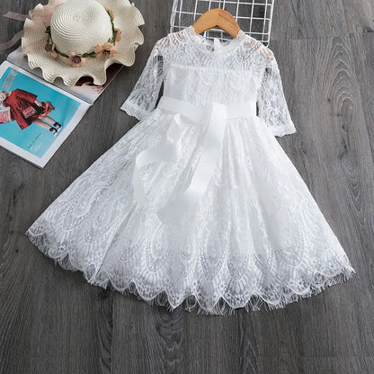 Princess Girl Dress Girls Clothes Long Sleeve Tulle Party Dresses for Girls Kids Lace Children Casual Clothing Baby Vestidos White 2