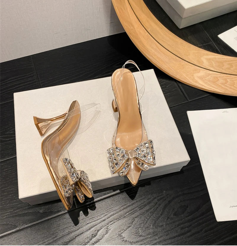 Liyke PVC Transparent Women Pumps Sexy Crystal Bowknot Pointed Toe  Slingback High Heels Mules Sandal Female Wedding Prom Shoes