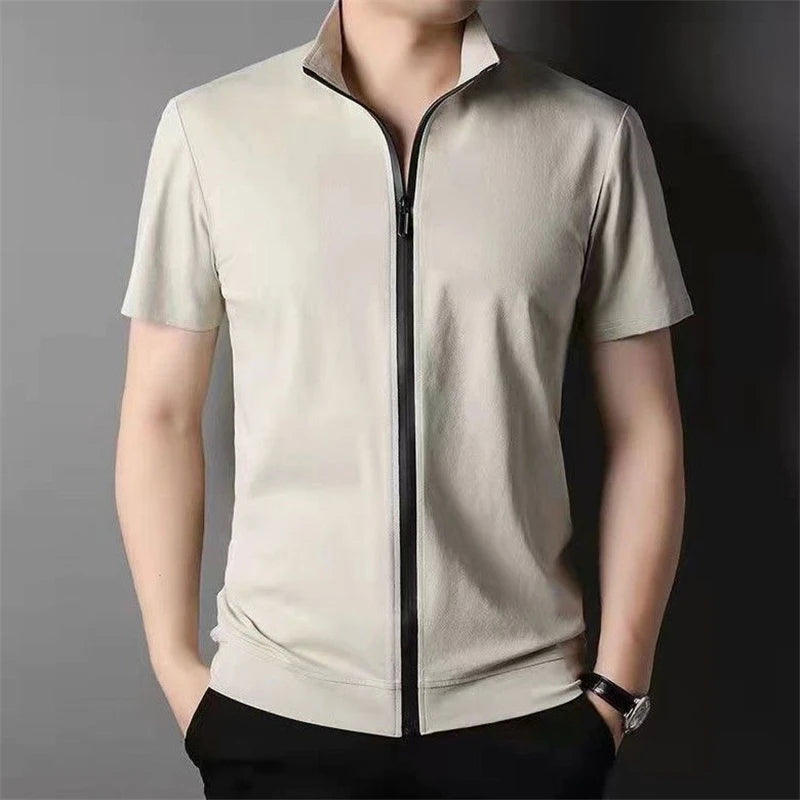 Cute 2023 Men Summer Trend Stand Collar Zipper Cardigan Shirts Solid Short Sleeve Comfortable Business Casual Top Ropa Hombre Camisas