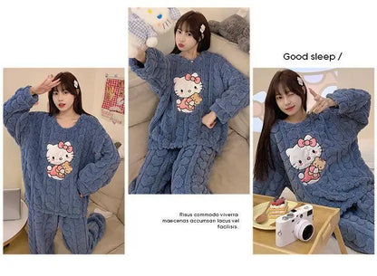 Kawaii Hello Kitty 2Pcs Plush Pajama Set Sanrioed Pochacco Cartoon Anime Winter Women Homewear Winter Thicken Girls Keep Warm