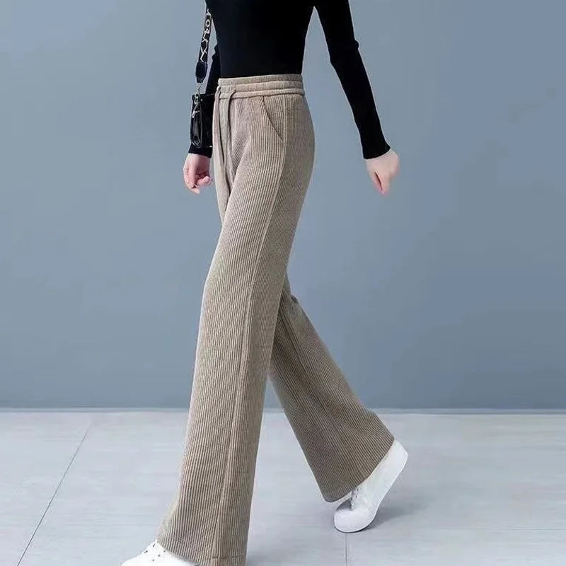 Women's Clothing 2023 New Spring Autumn Thin Loose Solid Color Lacing Drawstring Elastic Waist Pocket Straight Wide Leg Pants Khaki