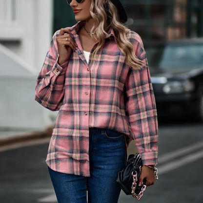 2024 New Spring Autumn Women Blouses Tops Female Casual Loose Boyfriend Plaid Shirt Women Long-sleeve Lapel Tops 2XL Shirts