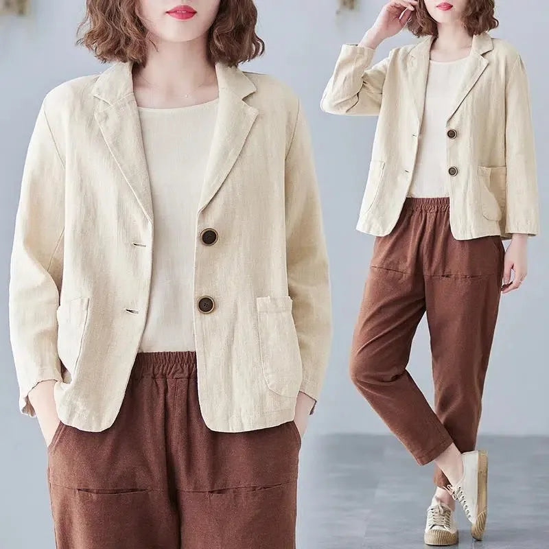 2023 Spring Summer Short Coat Cotton And linen Blazer Suit Collar Jacket Women's Casual Solid Color 3/4 Sleeves Shirt Cardigan