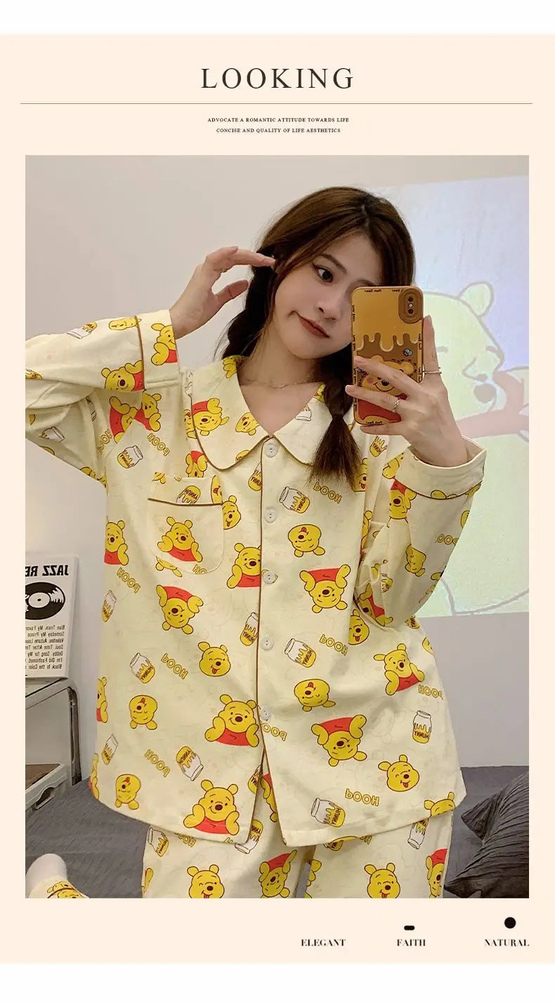 Elegant Winnie The Pooh Bear Cute Pajamas Women Spring Autumn Long Sleeve Sleepwear Fashion Kawaii Loose Cartoon Home Clothes Y2k