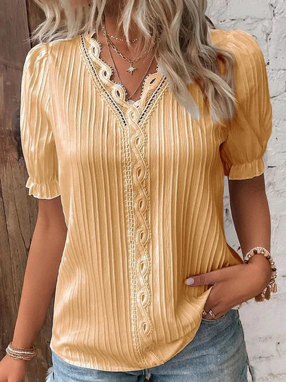 2024 Summer New Women's Blouse Top Solid Sexy V-Neck Hollow Short Sleeve Fashion Splice Plus Size Loose Street Apparel Shirt